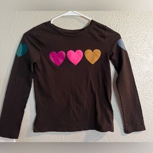 GAP Kids Girls Long Sleeve Shirt. Brown with colored hearts. Size 10.